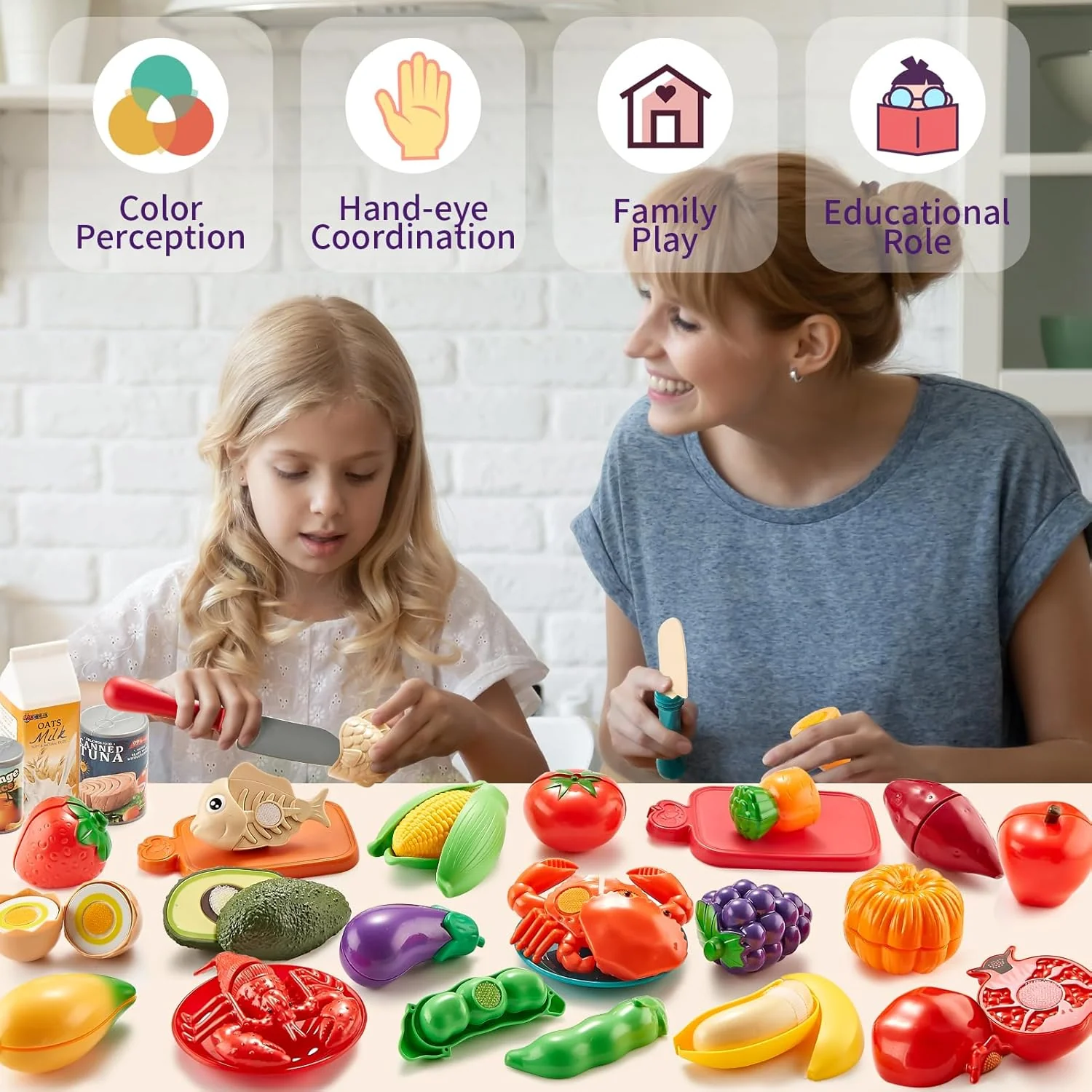 Pretend Play Food for Kids Kitchen, 78Pc Cutting Toy Food with Storage Bag