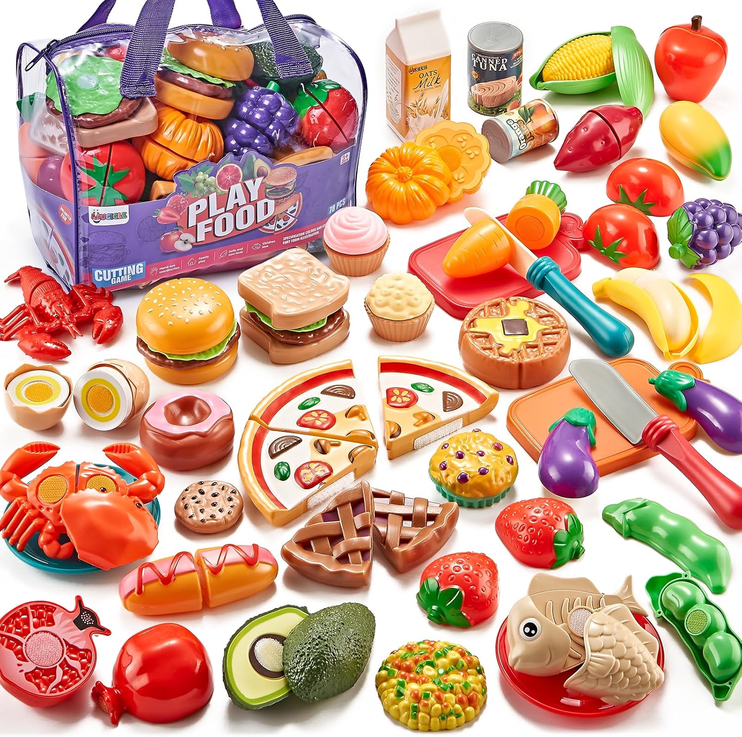 Pretend Play Food for Kids Kitchen, 78Pc Cutting Toy Food with Storage Bag